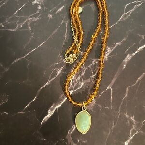 Plunder Amber Bead Necklace with Pale Green Teardrop Pendant